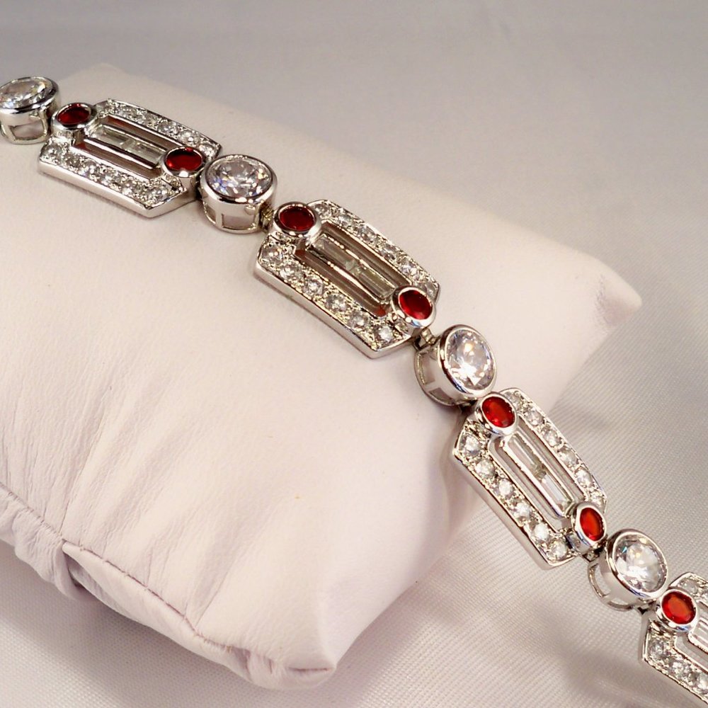NEW Red Cubic Zirconias Bezel Silver Vintage DESIGNER Bracelet